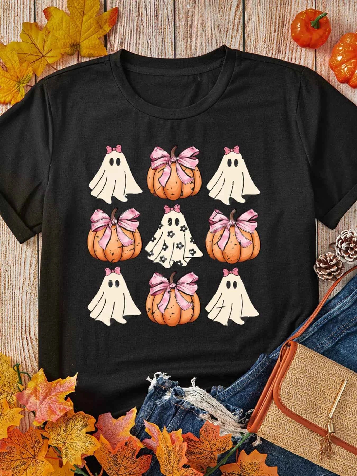 Halloween Bowknot Ghost Pumpkin Graphic T Shirt 83fb5c5d71da4e26a4e5f154d37cab70-Max-Origin