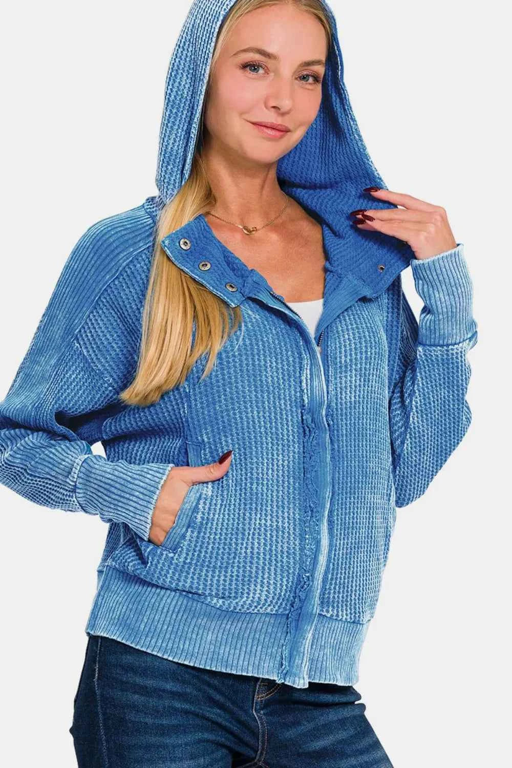 Zenana Washed Zip Up Hooded Jacket Ocean Blue 8405ed8f-3cec-45b6-806d-7ffb918982de-Max
