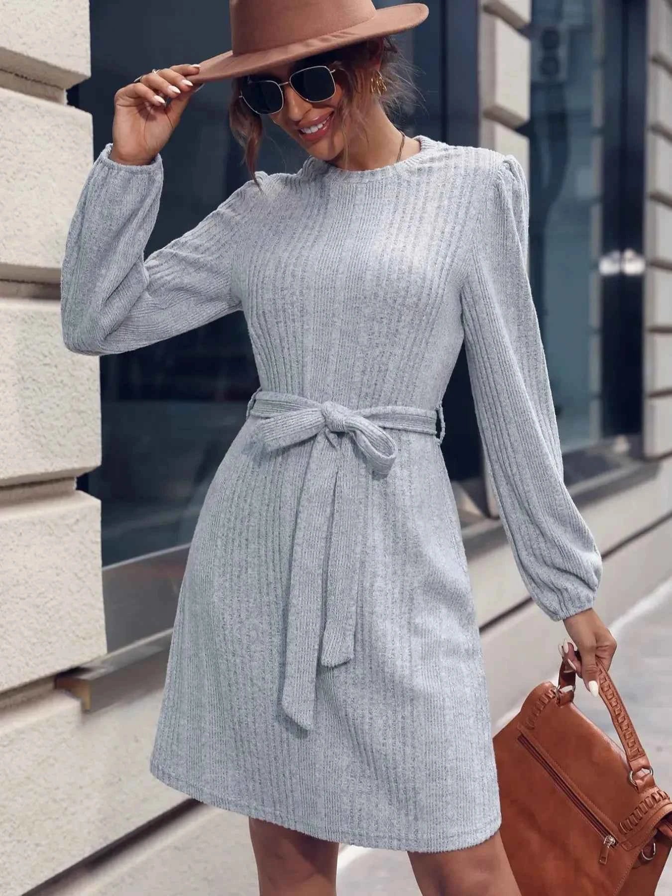 Ribbed Knit Long Sleeve Sweater Dress Gray 840665d8-2504-40be-9c3a-c5033dec2fce-Max-Origin