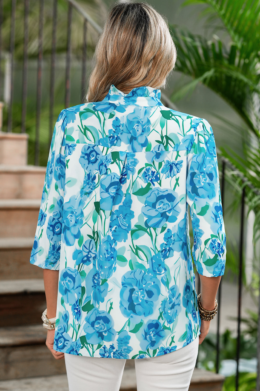 Green Floral Print Stand Neck Puff Sleeve Shirt 84068ab45d5f6ad5