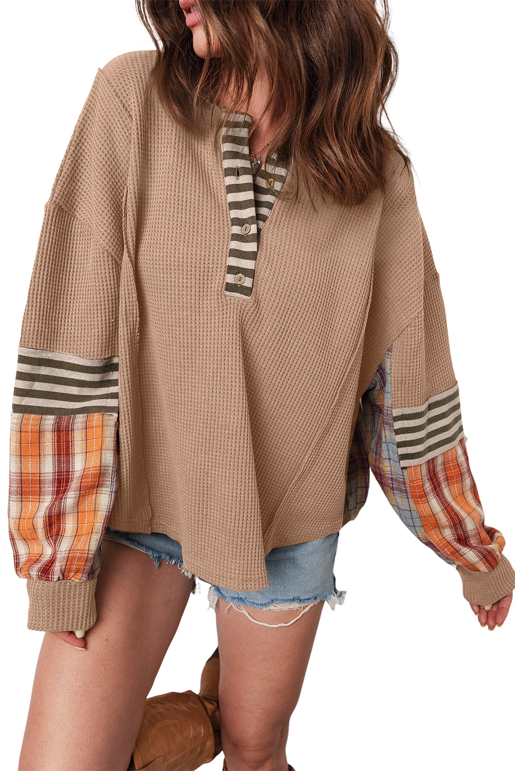 Straw Yellow Waffle Stripe Plaid Patchwork Henley Top 8408313a8a100df7