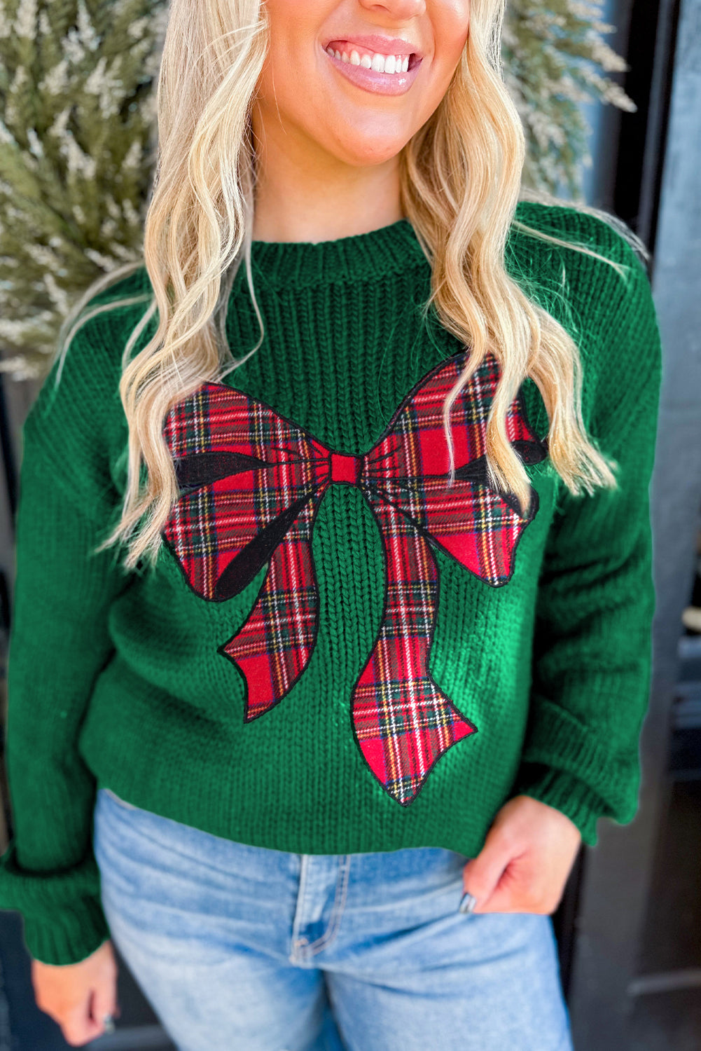 Evergreen Plaid Bow Graphic Christmas Sweater 84092a6780f74a01