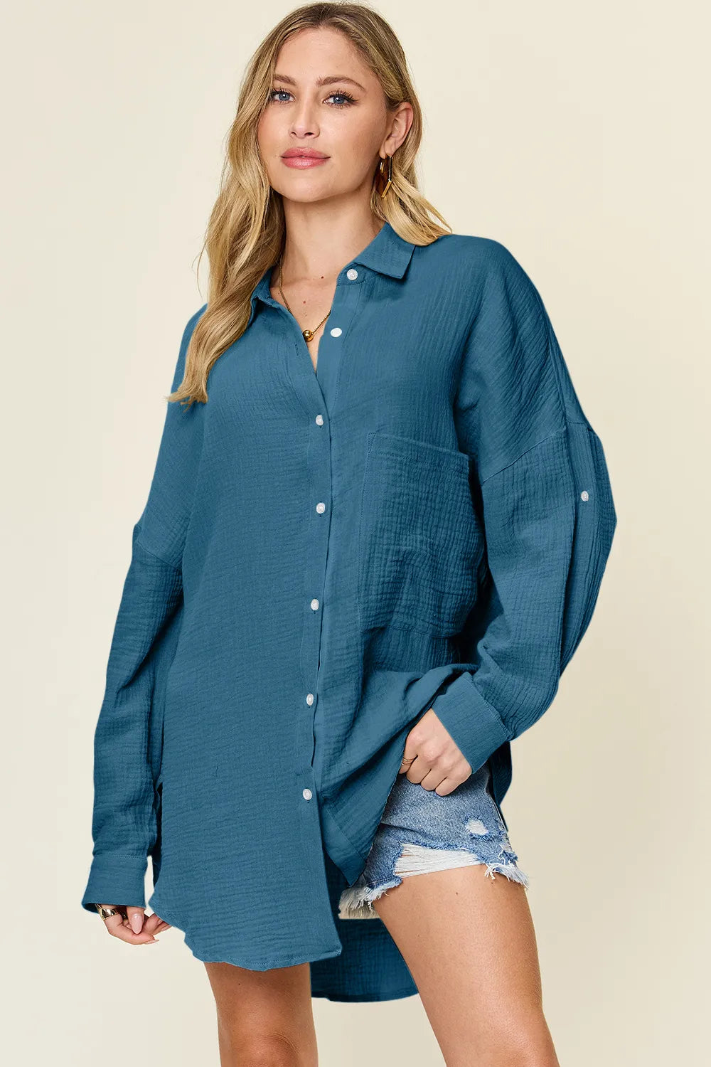 Double Take Full Size Pocketed Texture Button Up Shirt 840bb60a-99f8-44e0-ad92-76d35fa503b3-Max