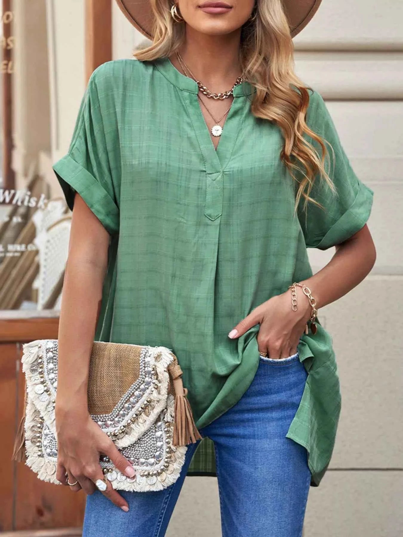 Notched Short Sleeve Blouse 840e73a9-e051-4b27-855d-3639d3a96160-Max-Origin