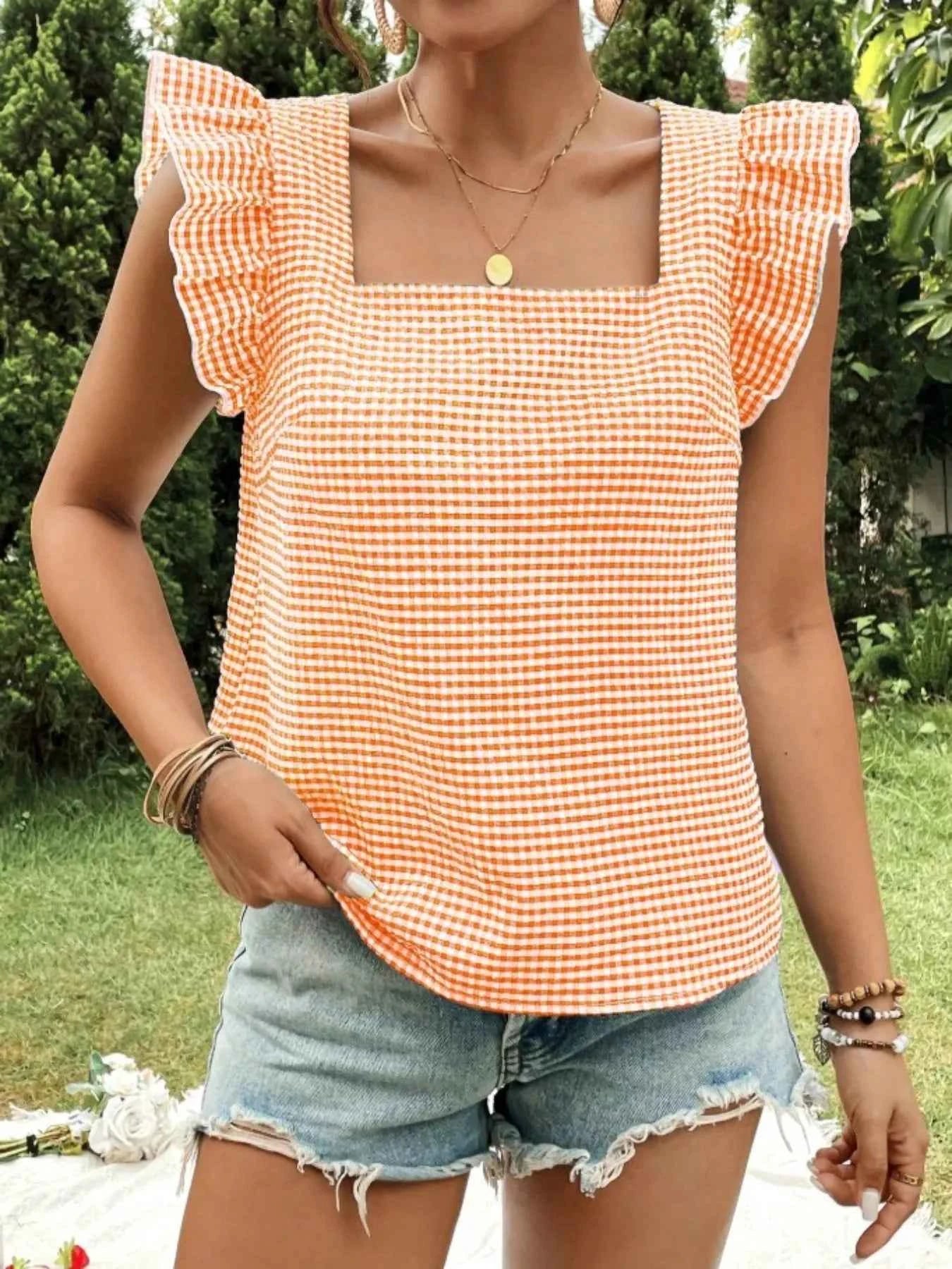 Gingham Ruffle Sleeve Square Neck Blouse Sherbet 8411cb5d-05e6-4e77-9fa9-bf6beeb39770-Max-Origin