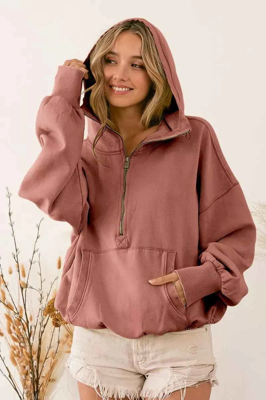 Stitch Detailed Elastic Hem Half Zip Fleece Hoodie TERRACOTTA 8412003f-1fae-44e1-ade9-3f6d3330d2f6-Max-Origin