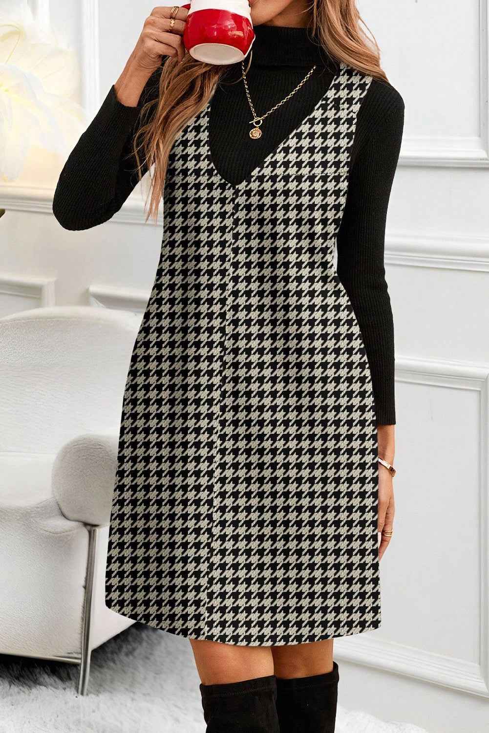 Red Houndstooth Print V Neck Sleeveless Mini Dress Khaki 100%Polyester 8416e43818ae2fdf
