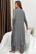 Dark Grey 3pcs V Neck T Shirt Ribbon Knot Pants Open Duster 3pcs Lounge Set 84188686ae2ad8ae
