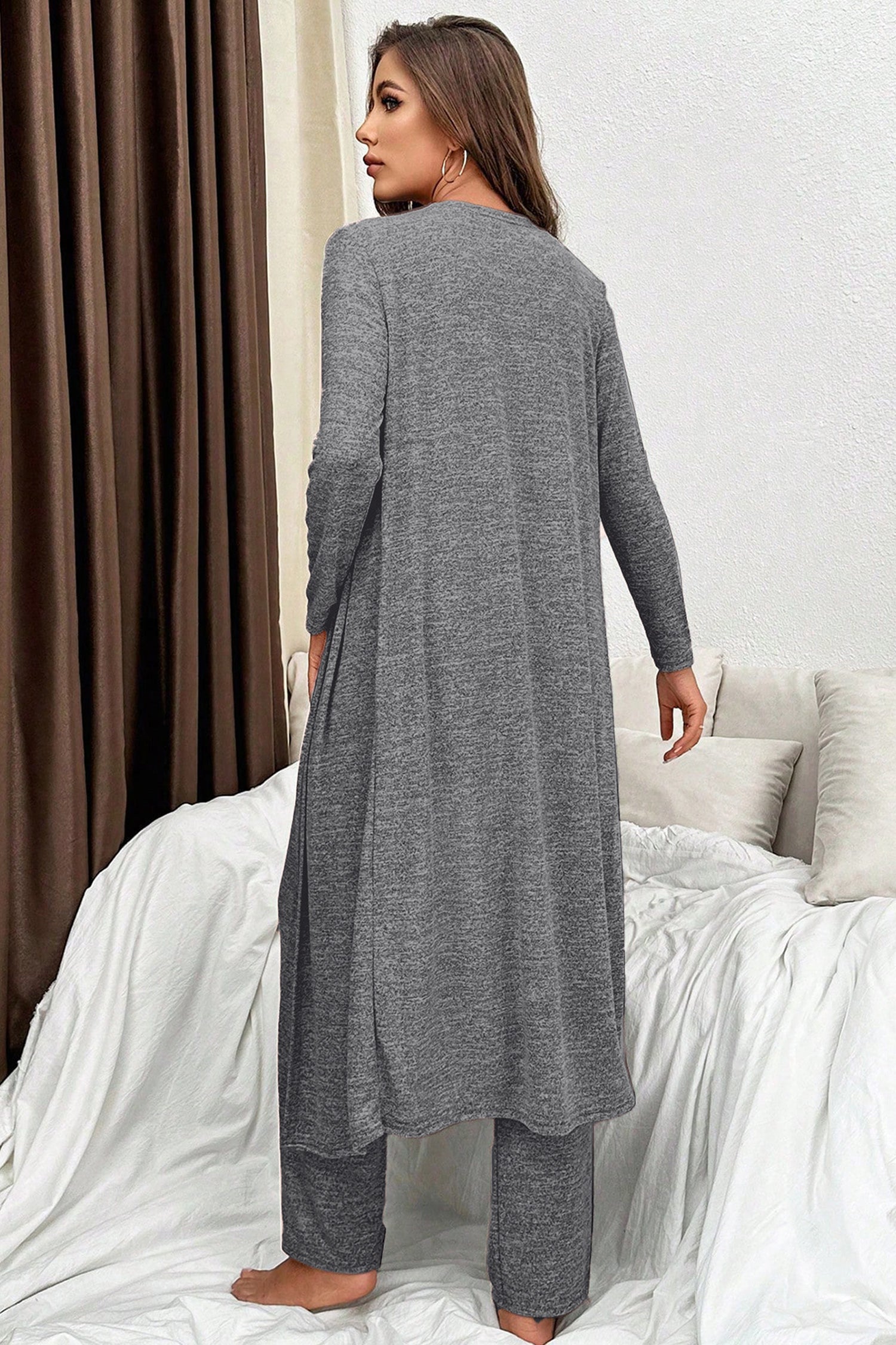 Dark Grey 3pcs V Neck T Shirt Ribbon Knot Pants Open Duster 3pcs Lounge Set 84188686ae2ad8ae