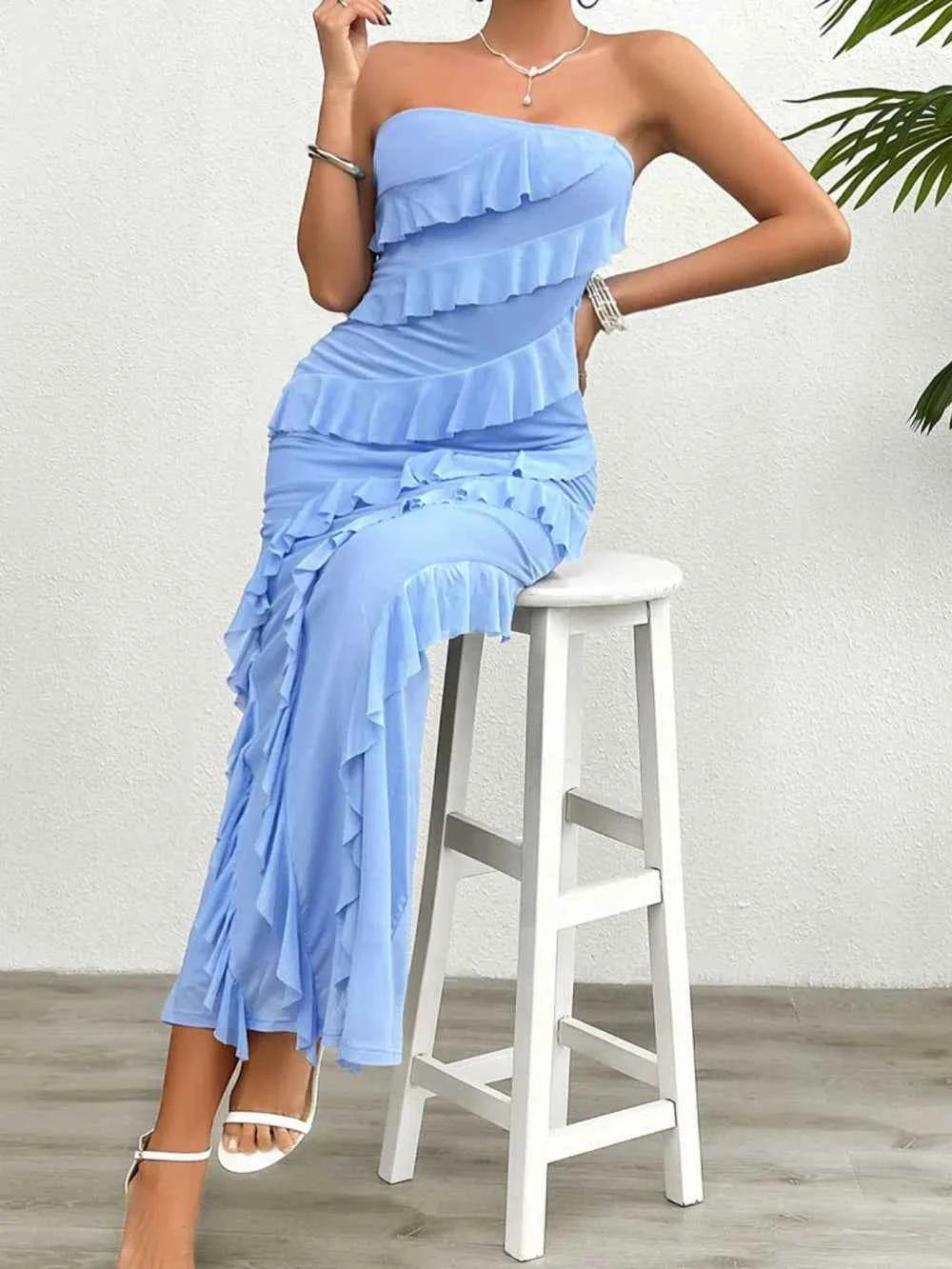 Ruffled Slit Back Tube Maxi Dress 84214558-e8a9-4178-9d5e-a95621043574-Max