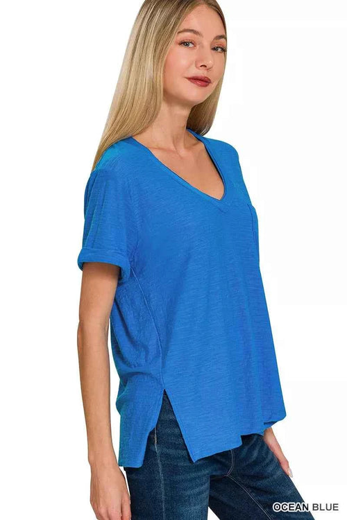 Zenana Slub Rolled Short Sleeve V-Neck Tee OCEAN BLUE 8422c7857a2a473695cf6514dd2114c1-Max-Origin