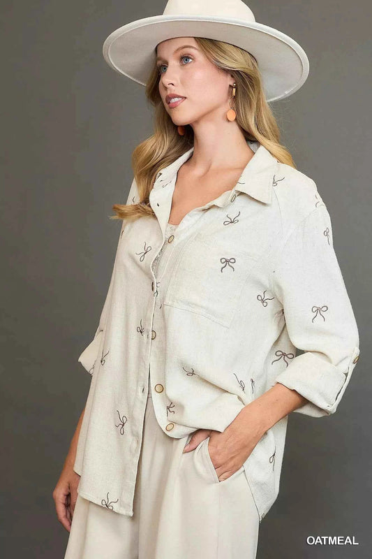 Umgee Linen Blend Fitted Shirt with Ribbon Embroidery Details 8422f975-b127-47af-a454-d5023bd79709-Max-Origin