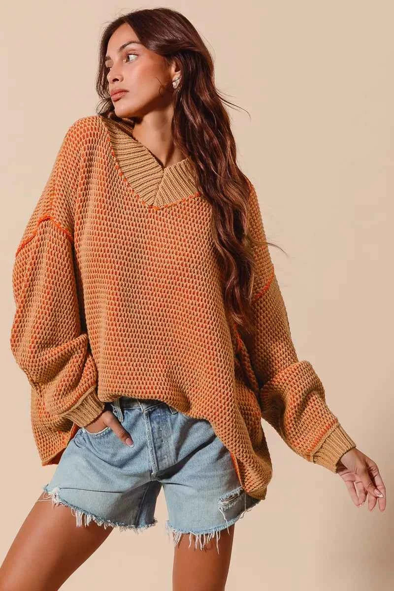 SO ME Oversized Two Tone Textured V Neck Sweater 842494ddcfb048b8a96ee9579ea35c51-Max-Origin