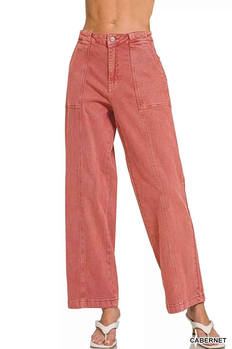 Zenana Straight Leg Utility Pocket Jeans CABERNET 8425b272751845999a80b662f032c635-Max-Origin