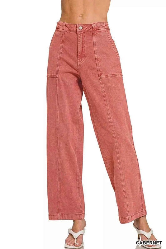 Zenana Straight Leg Utility Pocket Jeans CABERNET 8425b272751845999a80b662f032c635-Max-Origin