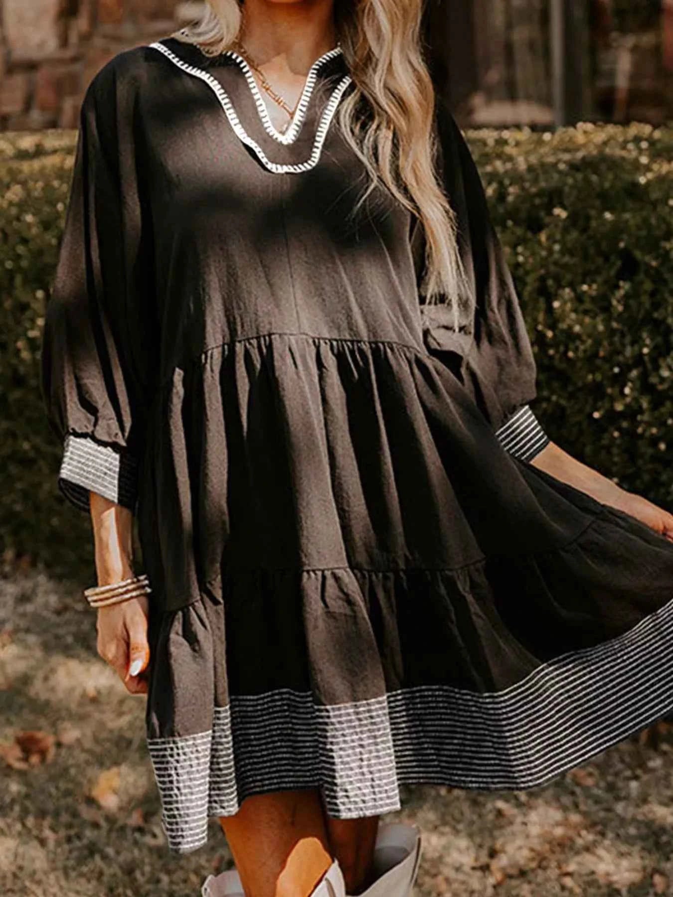 Striped Hem 3/4 Sleeve Tiered Dress Black 8426817e-adb8-4fef-bdfe-1455895d2294-Max-Origin