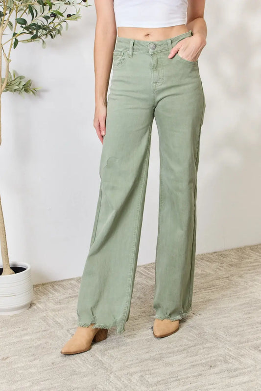 RISEN Full Size Raw Hem Wide-Leg Jeans Sage 84278f66af824d4b85b094f09223978d-Max