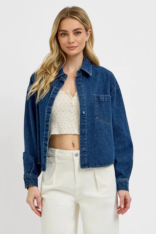 RISEN Button Up Long Sleeve Denim Shacket Dark 842a429c-38fe-4e75-a462-4c026234c138-Max