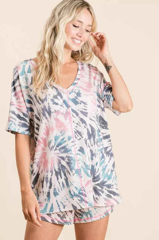 Tie Dye Print Terry V Neck Top With Contrast 842ba08fc58c4025a1b89c6f5751b890-Max-Origin