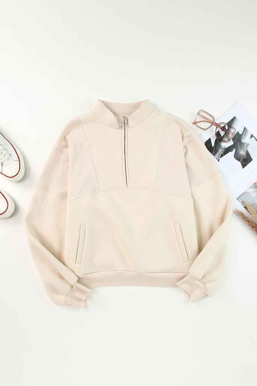 Black Half Zip Stand Collar Exposed Seam Solid Color Casual Sweatshirt 842be772557bb567