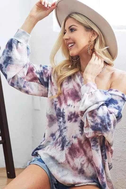 BiBi Tie-Dye V-Neck Long Sleeve Waffle Top 8431c98a1cba420ab0ef54a846613661-Max-Origin