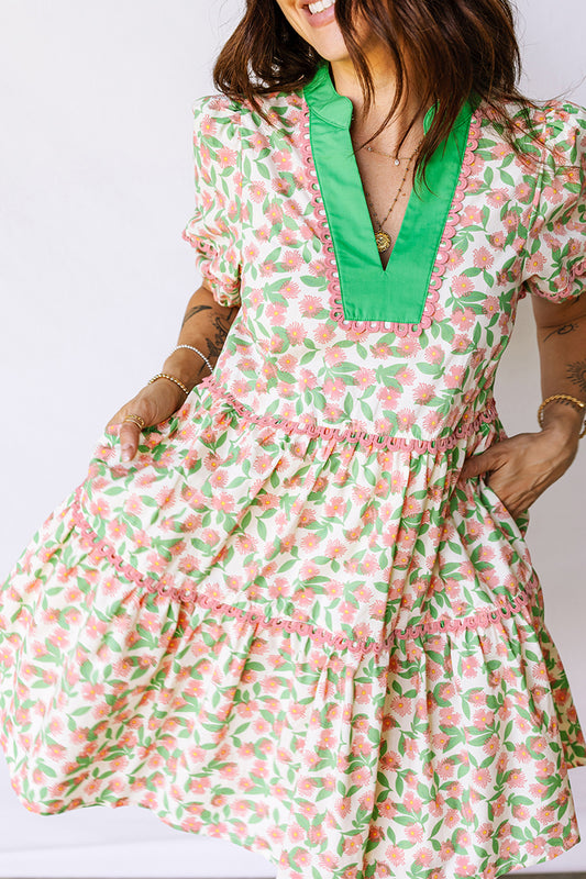 Green Contrast Neckline Ricrac Trim Floral Short Puff Sleeve Dress 8431f0105d204812