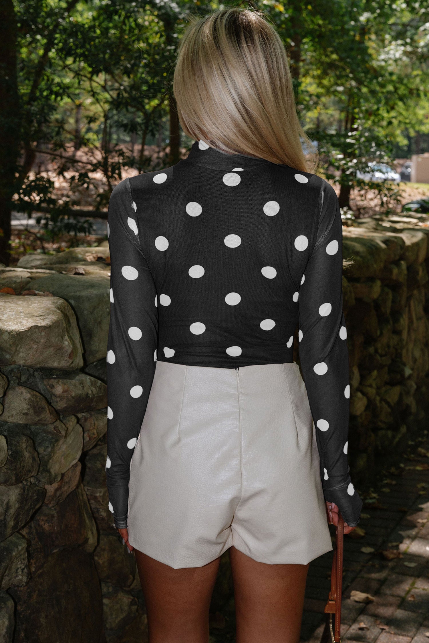 Brown Vintage Polka Dot Print Mesh Long Sleeve Bodysuit 84357382ee45a7a4