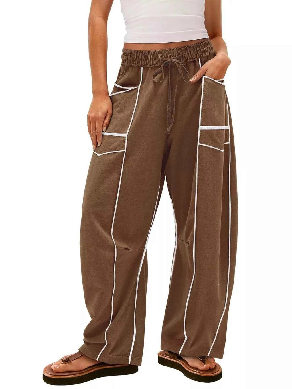 Drawstring Wide Leg Pants Dark Brown 8437df52335346bb89661e7366cece19-Max-Origin