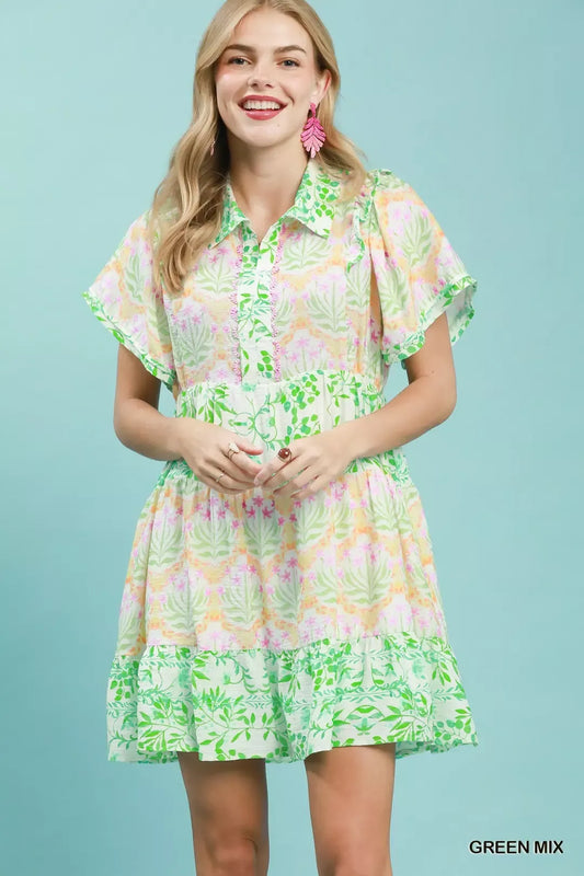 Mixed Floral Tiered Mini Dress with Flutter Sleeves GREEN MIX 84398198-b10a-4f4d-91ab-67643589862c-Max-Origin