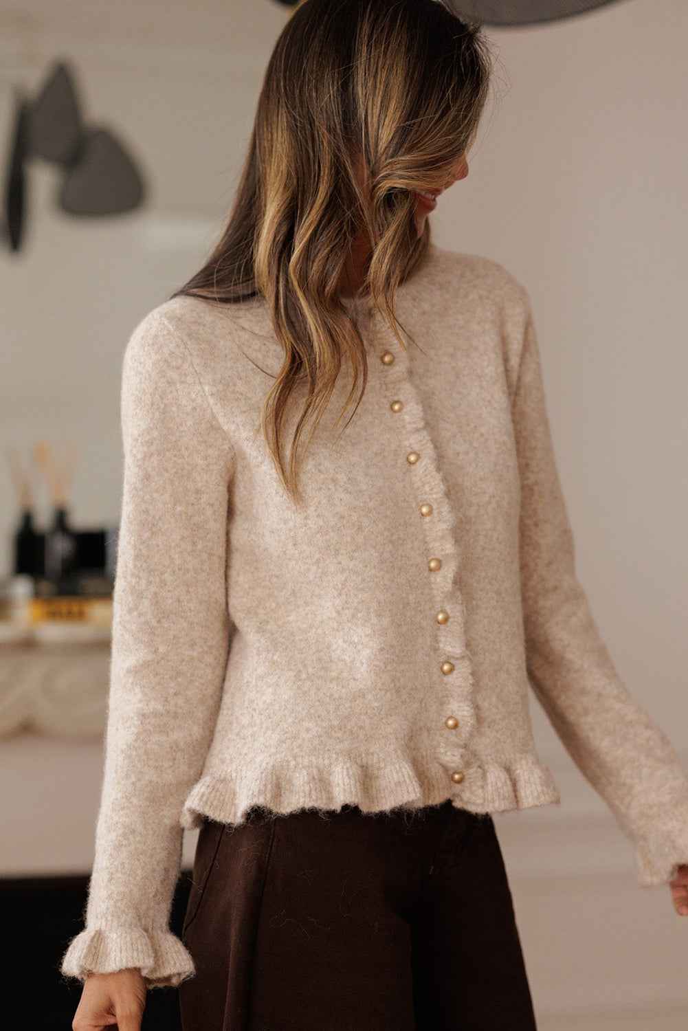 Oatmeal Ruffle Trim Gold Button Sweater Cardigan 843a48b362138cdd