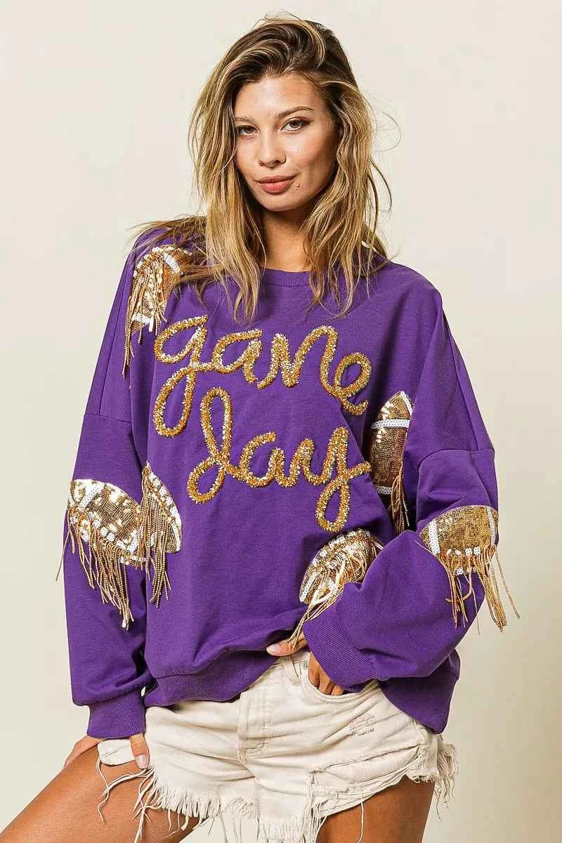 BiBi Sequin Football Patches Game Day Sweatshirt PURPLE GOLD 843bde69-cd73-4cb2-882e-81a56cd17366-Max-Origin