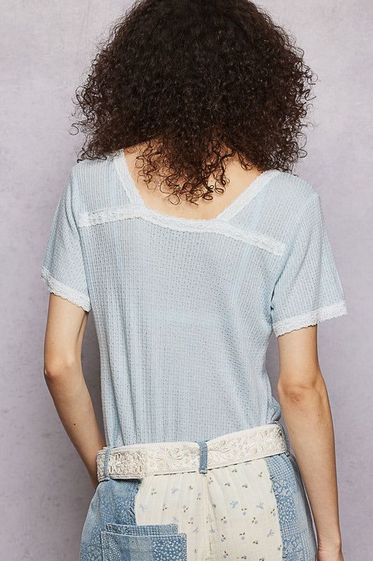 Lace Detail V-Neck Short Sleeve Textured T-Shirt 843cb533-da6b-4281-8f26-116342e10c64-Max