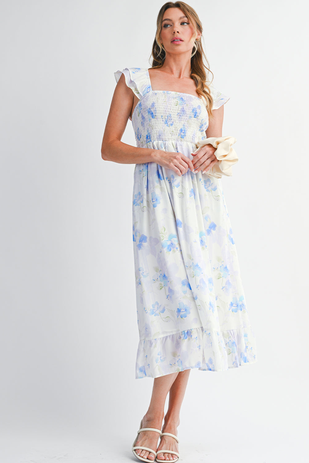 Sky Blue Floral Smocked High Waist Ruffle Sleeveless Long Dress 843ec1172df06cf6