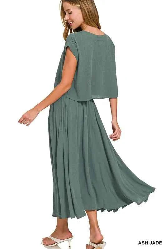 Zenana Woven Crinkle Gauze Crop Tee and Skirt Set 8443f91cc6b644d4b22b555d40170fcb-Max-Origin