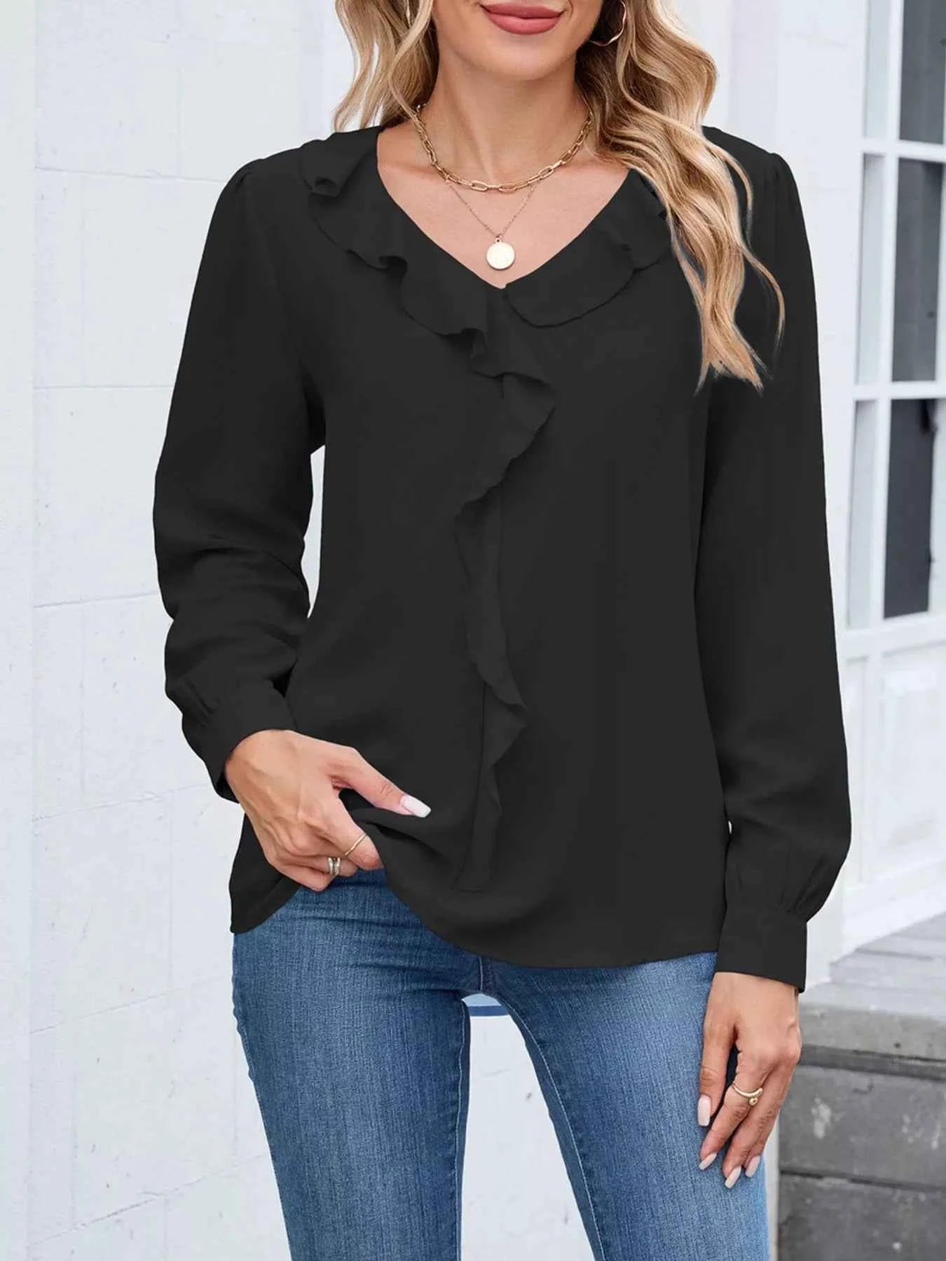 Ruffled V-Neck Long Sleeve Blouse 84458cc4-2360-40dd-a701-e7f6fdfee7c1-Max-Origin