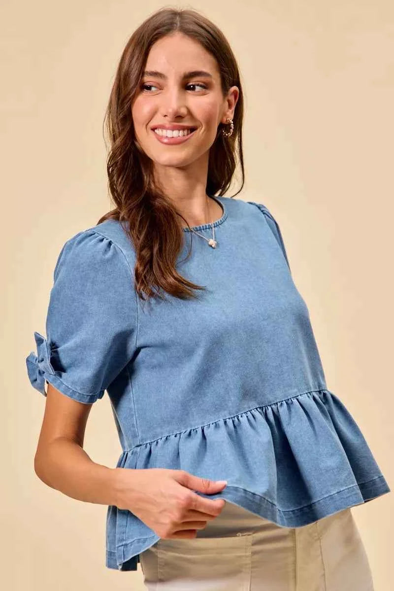 SO ME Denim Bow Detail Short Sleeves Peplum Top 8445f4dc3b8b443982aa587b946e1708-Max-Origin