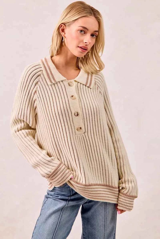 Half Button Ribbed Two Tone Sweater 844a90ff804349f692974f26dade5582-Max-Origin