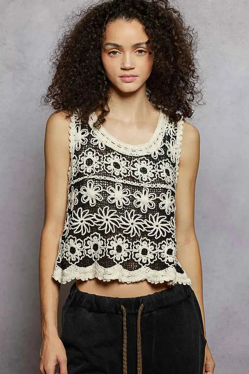 POL Floral Round Neck Cropped Crochet Sleeveless Top with Scalloped Edge NATURAL BLACK One Size 844c3ace-e939-487e-a20b-57ed7aa22377-Max-Origin