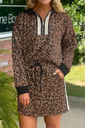 Khaki Leopard Print Quarter Zip Long Sleeve Top Mini Skirt Set Khaki 95%Polyester+5%Elastane 844cc8ac7e07bb3d