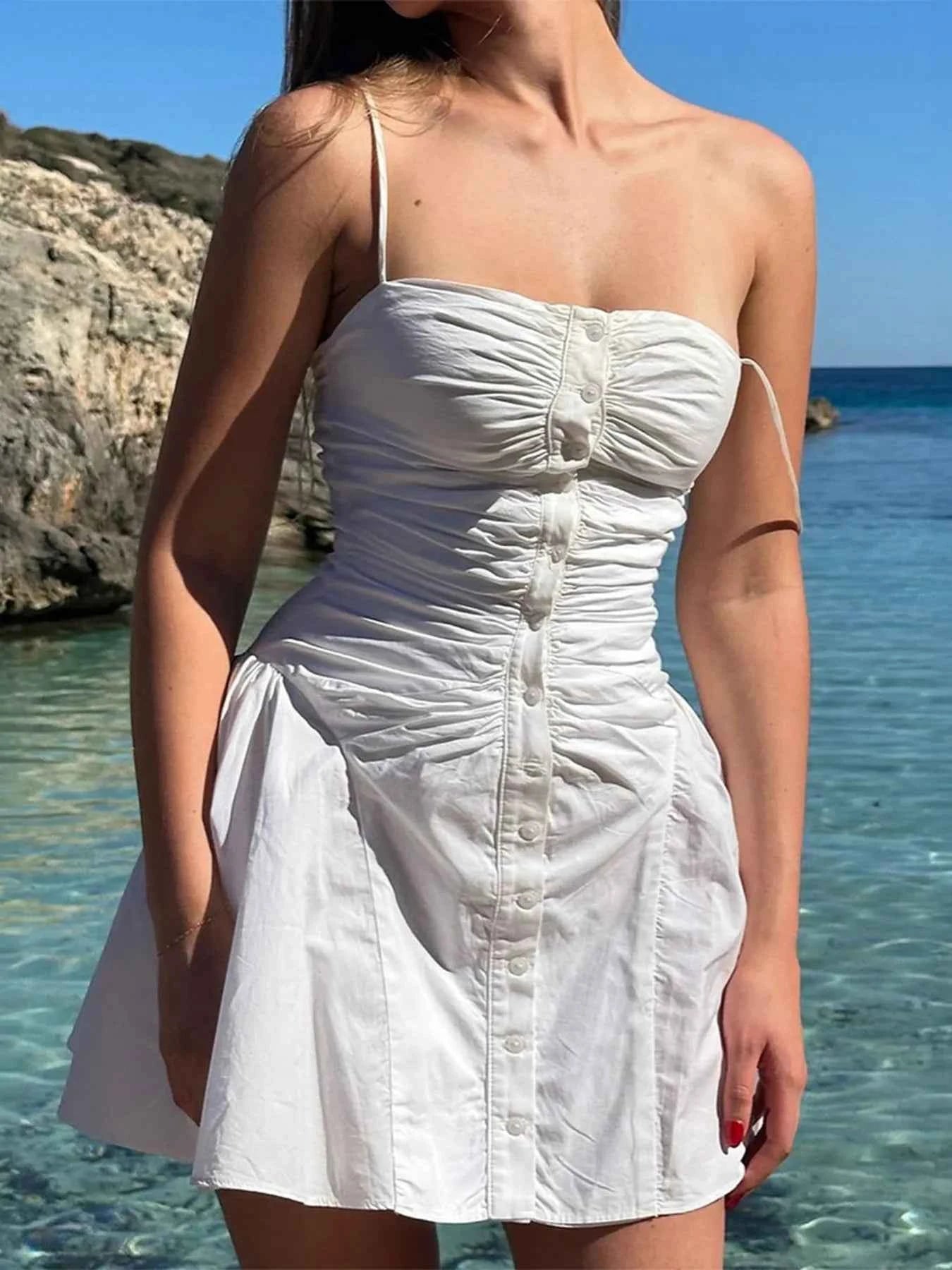 Ruched Button-Front Summer Dress White 8452a631e52c4b11ab0510c922d1cd0c-Max-Origin