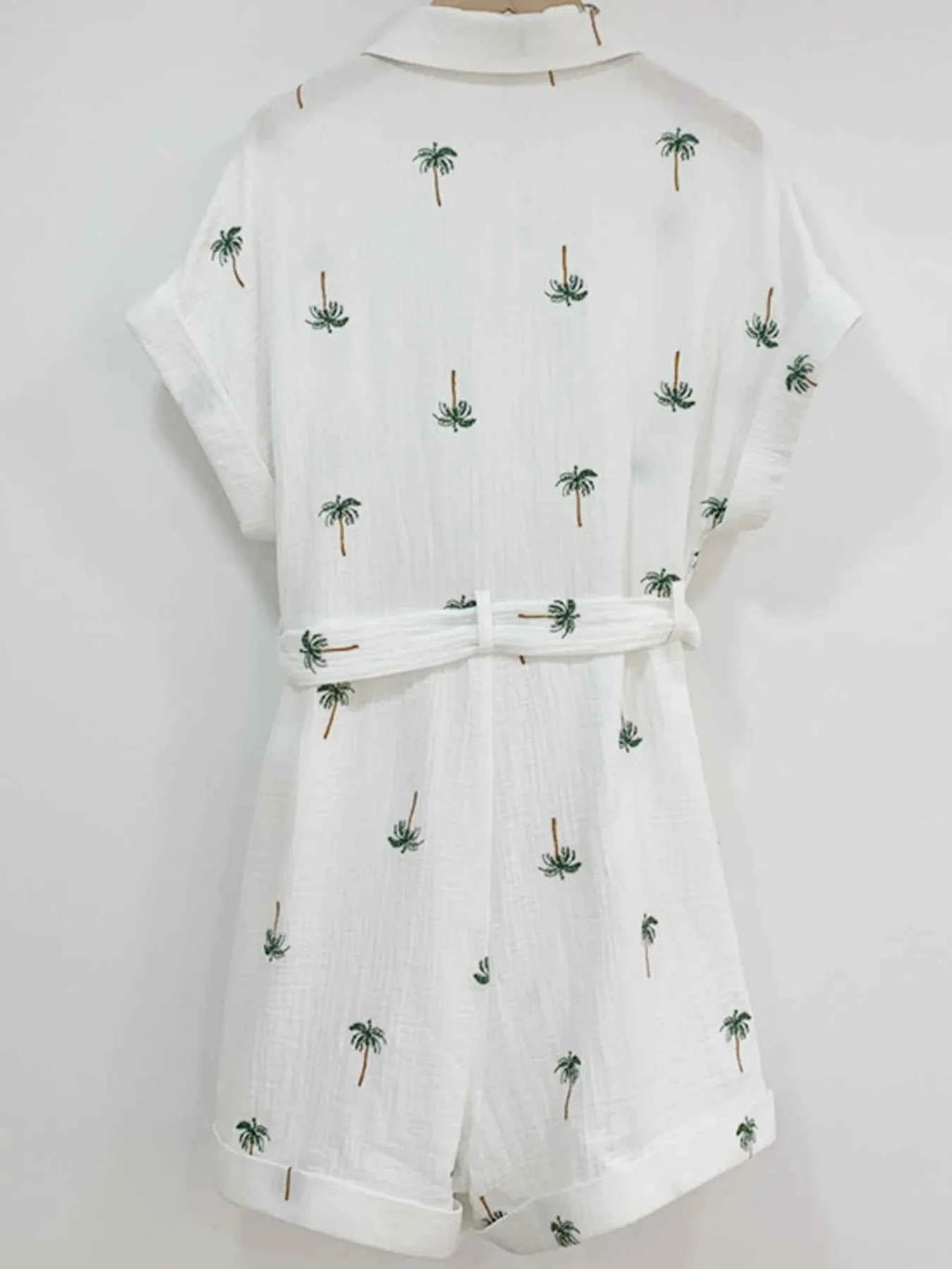 Palm Tree Print Short Sleeve Button-Up Romper with Belt 8452af19-0ffc-40a3-95fa-806027525fcc-Max-Origin