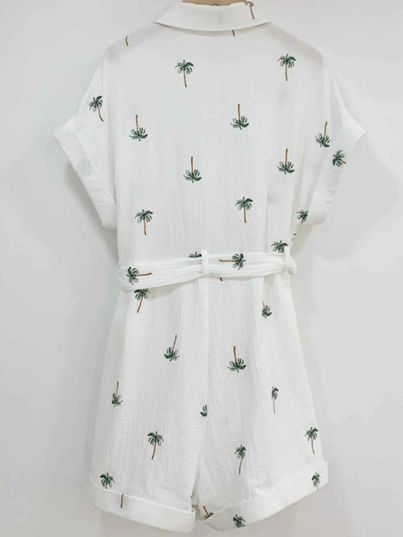 Palm Tree Print Short Sleeve Button-Up Romper with Belt 8452af19-0ffc-40a3-95fa-806027525fcc-Max-Origin