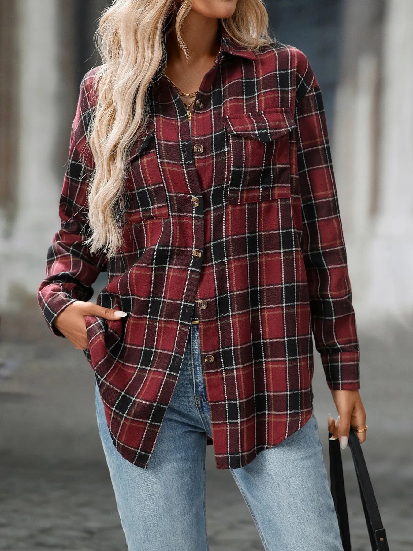 Plaid Button-Down Oversized Shirt Deep Wine Red 8452b94c-5def-4c27-9f4d-ac8bd088553f-Max-Origin