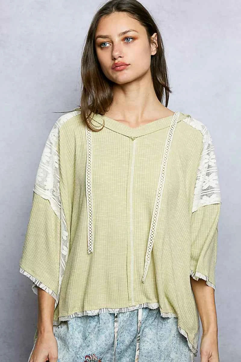 POL Short Sleeve Hoodie Top with Lace Detail PALE SAGE 84534e71-a525-4c88-82cf-5d92d3b26669-Max-Origin