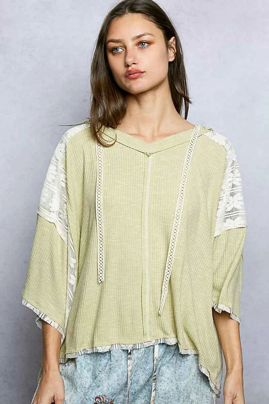 POL Short Sleeve Hoodie Top with Lace Detail PALE SAGE 84534e71-a525-4c88-82cf-5d92d3b26669-Max-Origin