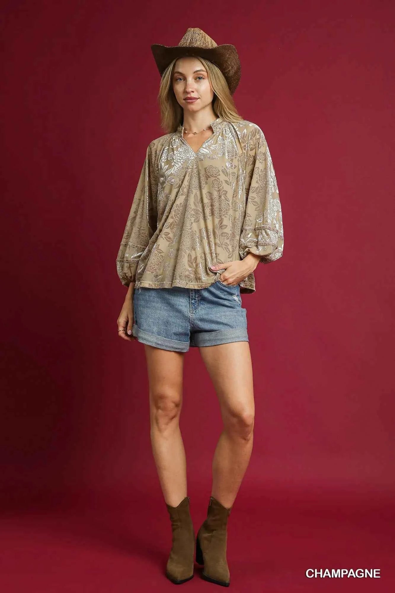 Umgee Floral Velvet Blouse with Balloon Sleeves 8453d167-933a-40b7-b23b-741f46a61fdd-Max-Origin
