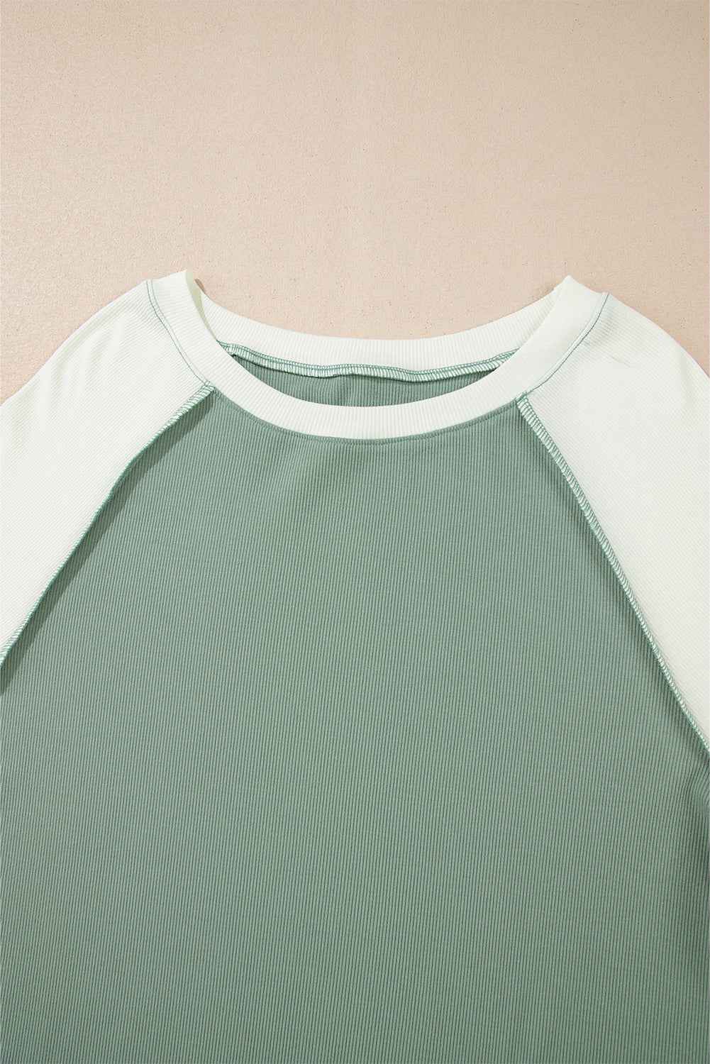 Mint Green Ribbed Colorblock Patchwork Raglan Long Sleeve Top 84584eefc410b73d
