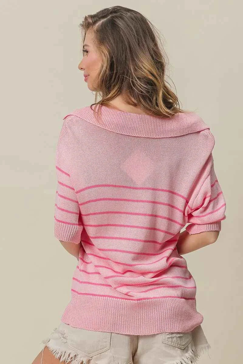BiBi Stripe Short Sleeves Collared V Neck Top 845e7c7343fa4073812e0a41adfae745-Max-Origin