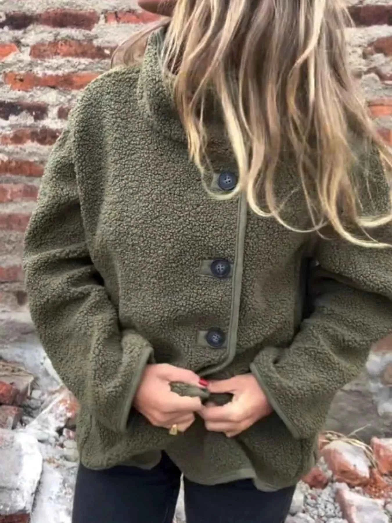 Full Size Button Up Long Sleeve Fleece Jacket Plus Size Green 846341e6-73df-4306-a142-c7f71d8e2131-Max-Origin