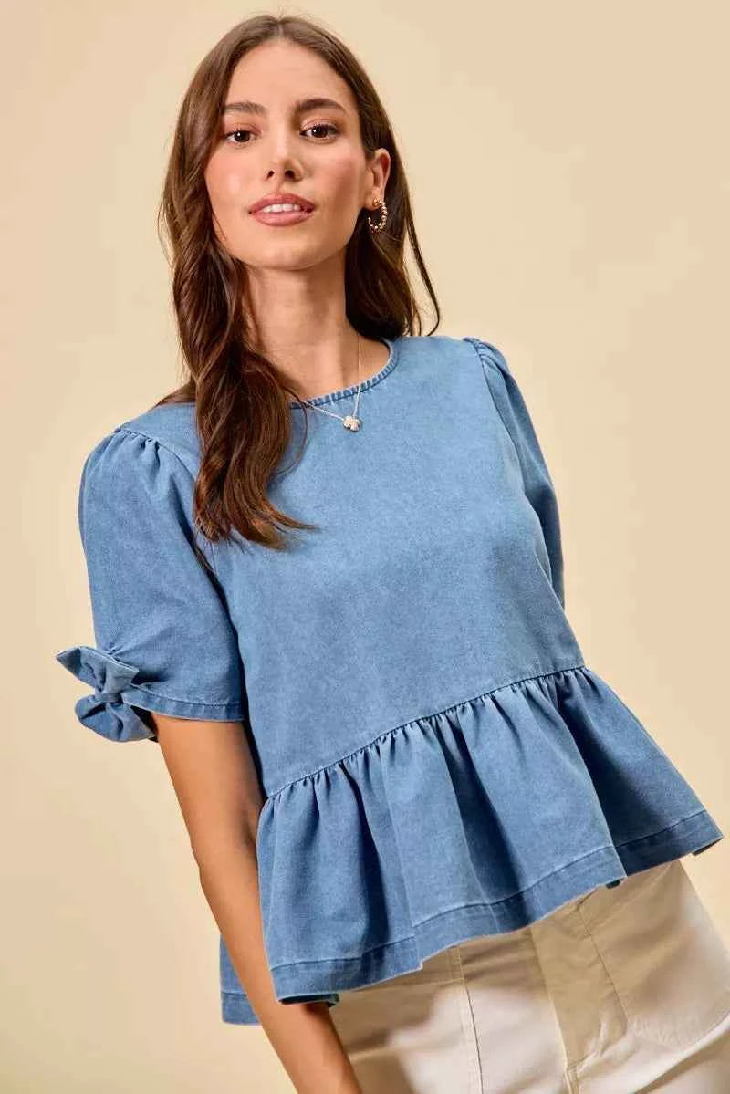 SO ME Denim Bow Detail Short Sleeves Peplum Top 8466aba71ccb45ba918f99ab238e5cd2-Max-Origin